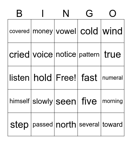 Sight Word Bingo Card