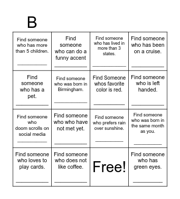 Find Someone Who Bingo Card