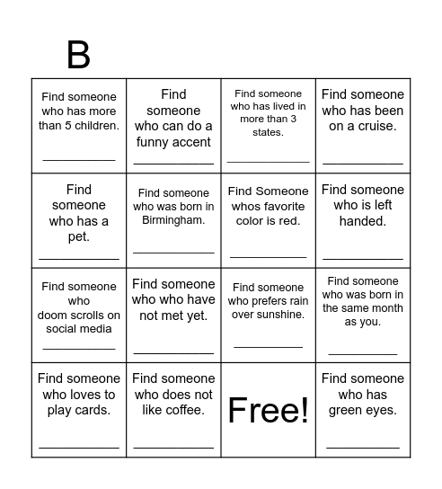 Find Someone Who Bingo Card