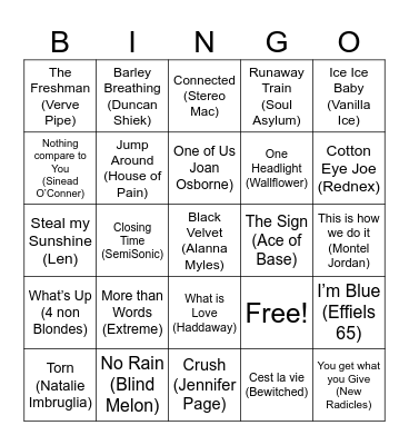 One Hit Wonder Bingo Card