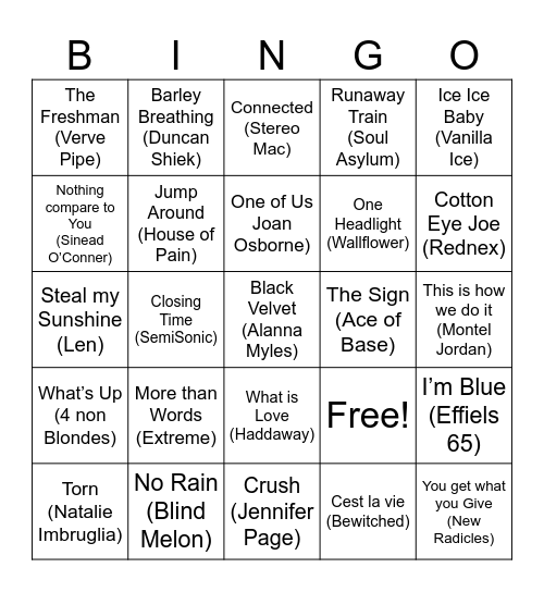 One Hit Wonder Bingo Card