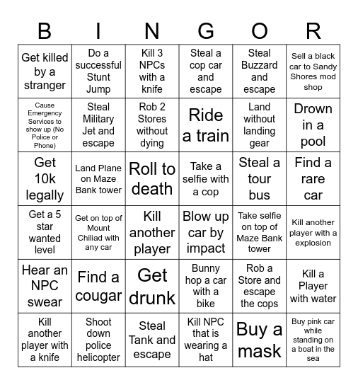 GTA V BINGOR Bingo Card