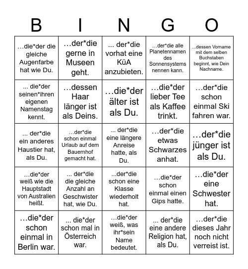 Finde jemanden, ... Bingo Card