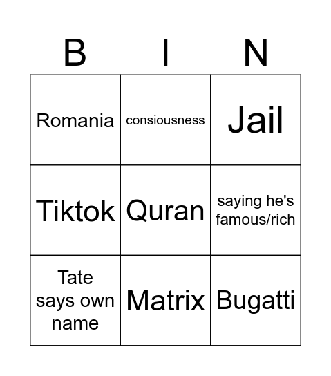 Taternator Bingo Card