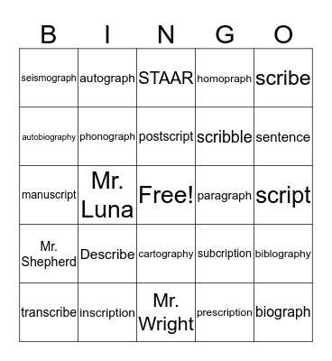 Vocabulary  Bingo Card