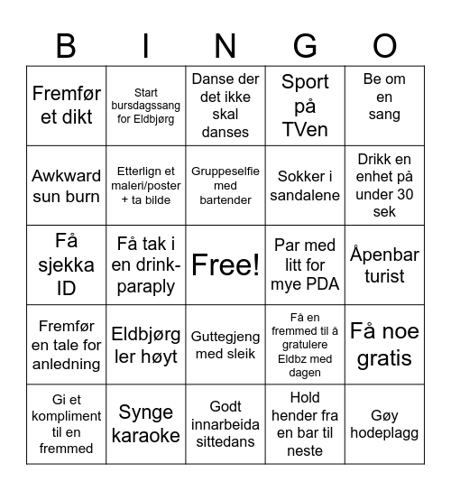 Pub til pub Bingo Card