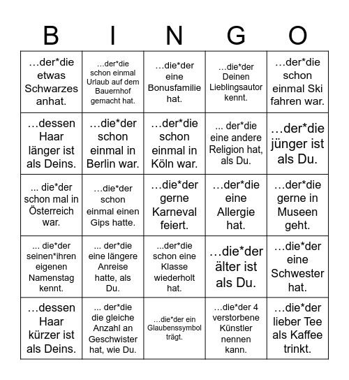 Finde jemanden, Bingo Card