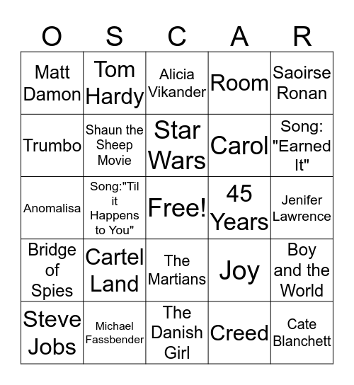 OSCARS 2016 Bingo Card