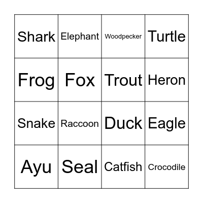 Animal Families Bingo Card