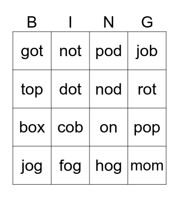 Short o Bingo Card
