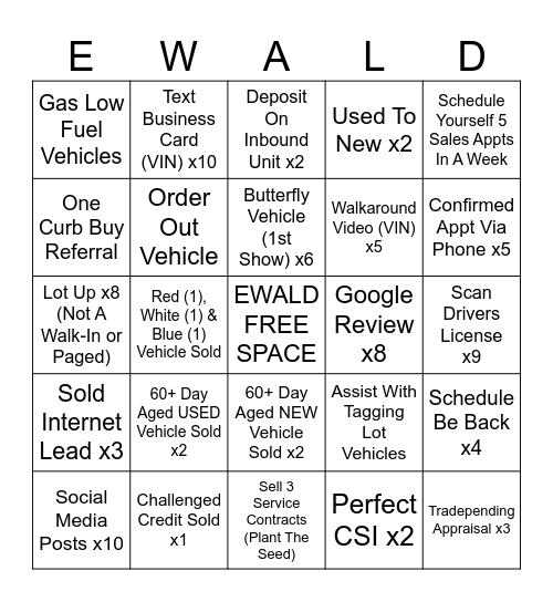 August Sales SPIFF Bingo Card