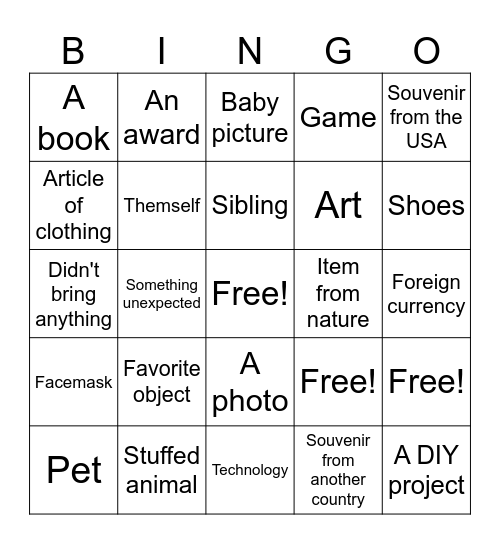 Show and Tell Bingo Card