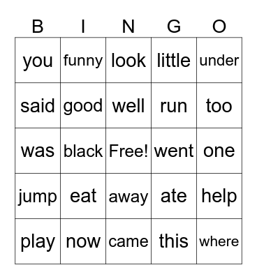 Sight Word Bingo Card