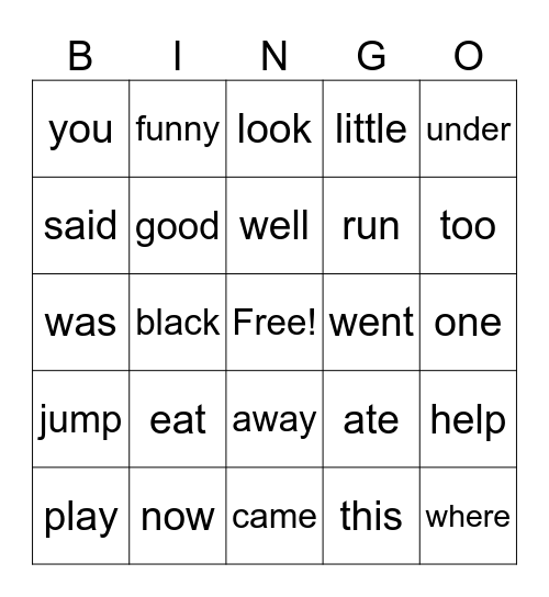 Sight Word Bingo Card