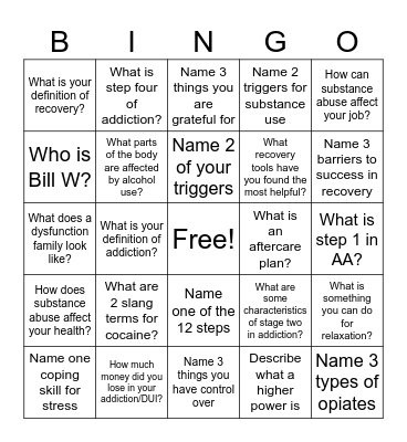 Recovery Bingo! Bingo Card