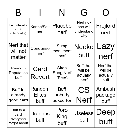 LoR Patch Notes Bingo Card