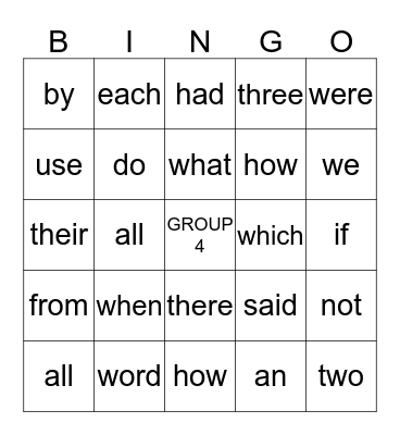 Sight Words Bingo Card