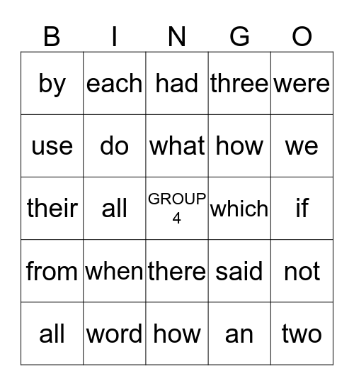 Sight Words Bingo Card