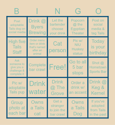 TAILS ON TAP BAR CRAWL Bingo Card