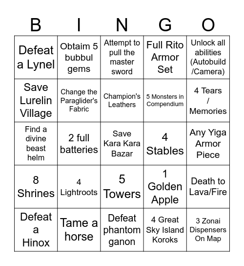 Tears of the kingdom Bingo Card