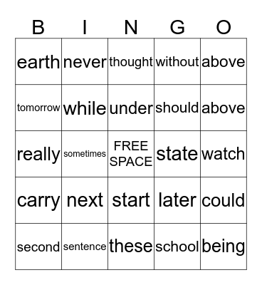 Sight Word Bingo Card