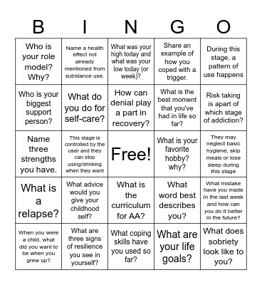 Recovery Bingo Card