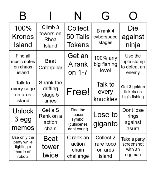 Sonic Frontiers (Update 2) Bingo Card