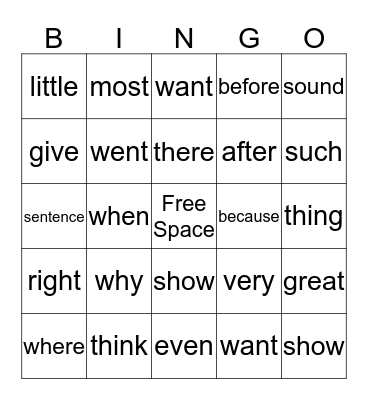 Sight Word Bingo Card