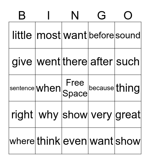 Sight Word Bingo Card