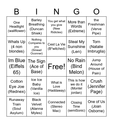 One Hit Wonder Bingo Card