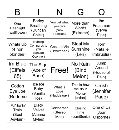 One Hit Wonder Bingo Card