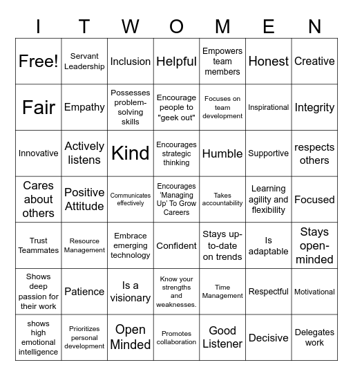 Women in Technology Bingo Card