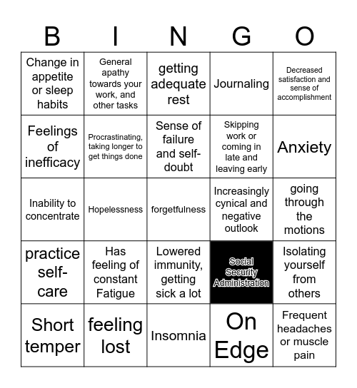 BURN OUT  BINGO Card