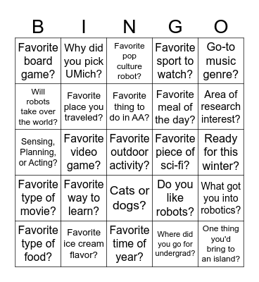 get to know me Bingo Card