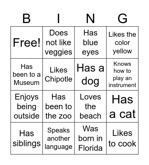 Similarities Bingo Card