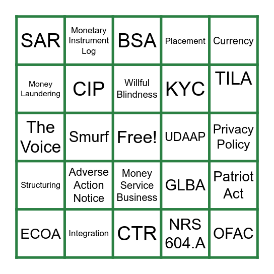 Compliance Bingo Card