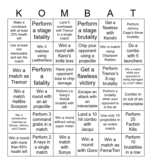 Mortal Kombat Bingo Card