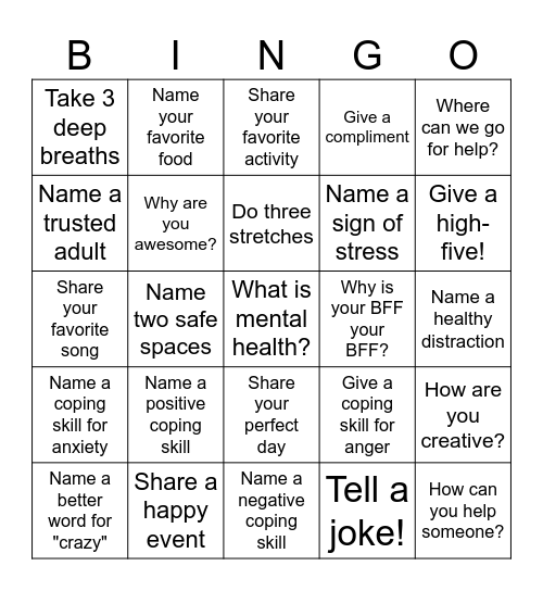 Coping Skills Bingo Card