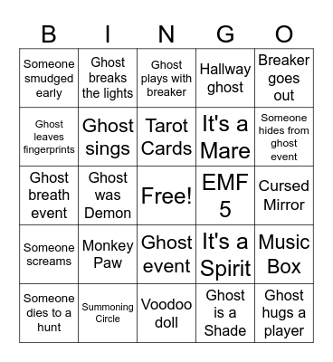 PhasmoPHOBIA Bingo Card