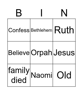 Ruth Stays with Naomi Bingo Card