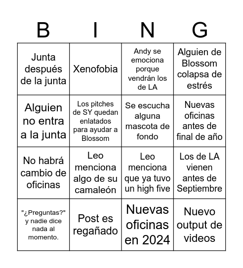 vengadors Bingo Card