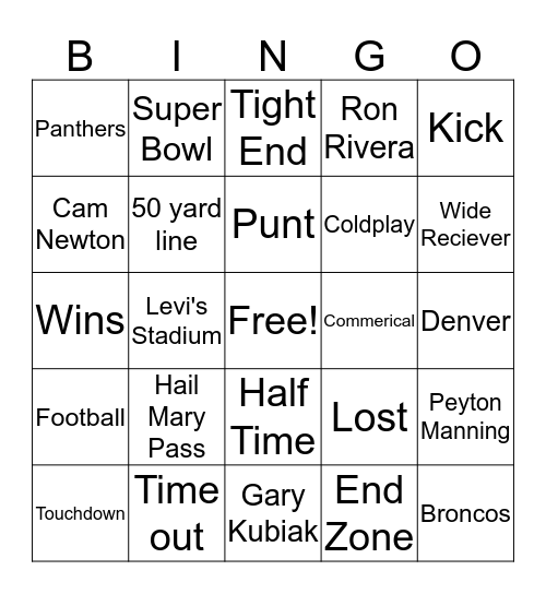 Super Bowl 50 Bingo Card