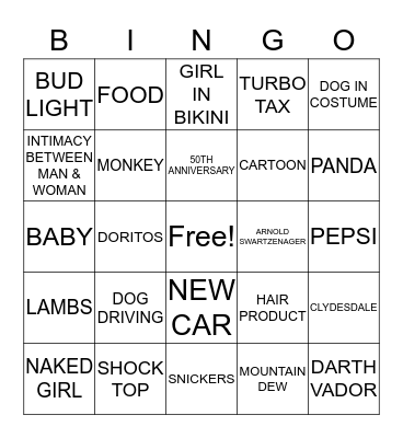 2016 SUPERBOWL COMMERCIAL Bingo Card