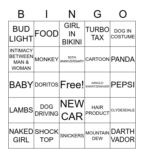 2016 SUPERBOWL COMMERCIAL Bingo Card