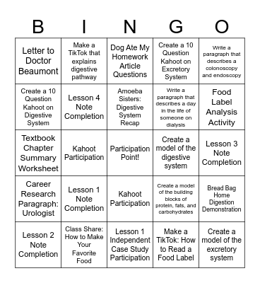 Digestive & Excretory Assignments Bingo Card