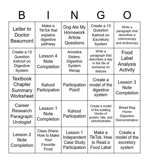 Digestive & Excretory Assignments Bingo Card