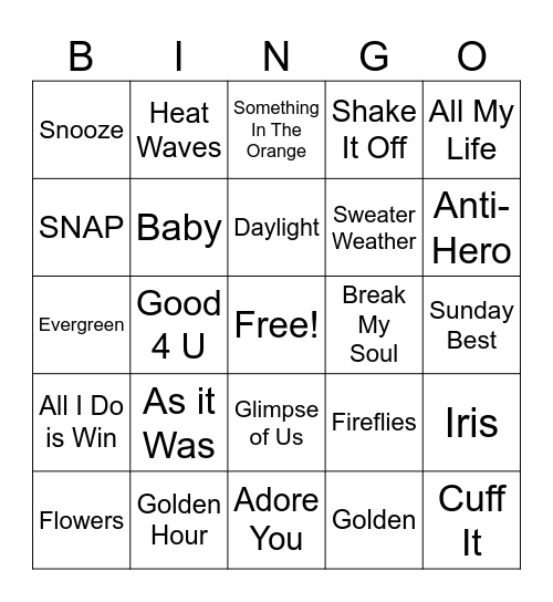 Music Bingo Card