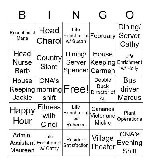 Resident Satisfaction Bingo! Bingo Card