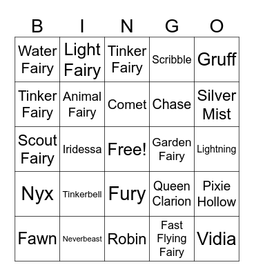 Pixie Hollow Bingo Card