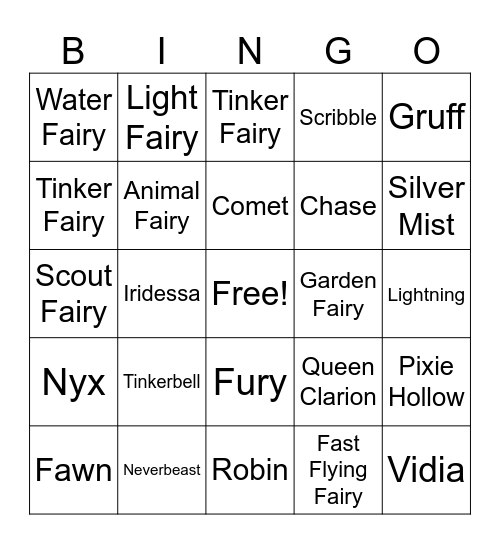 Pixie Hollow Bingo Card